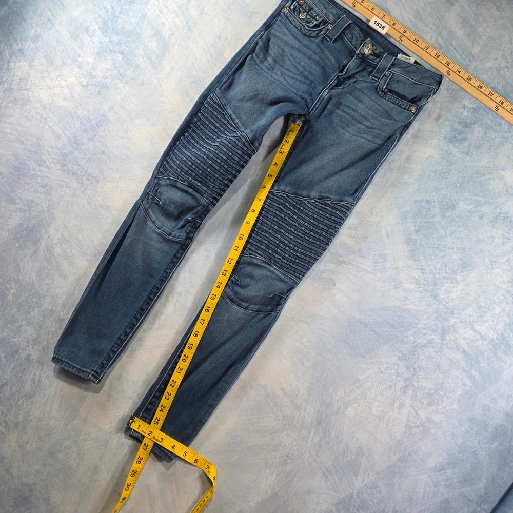True Religion Casey Moto Skinny Jeans Womens 26 Blue Denim Ribbed Panel Low Rise